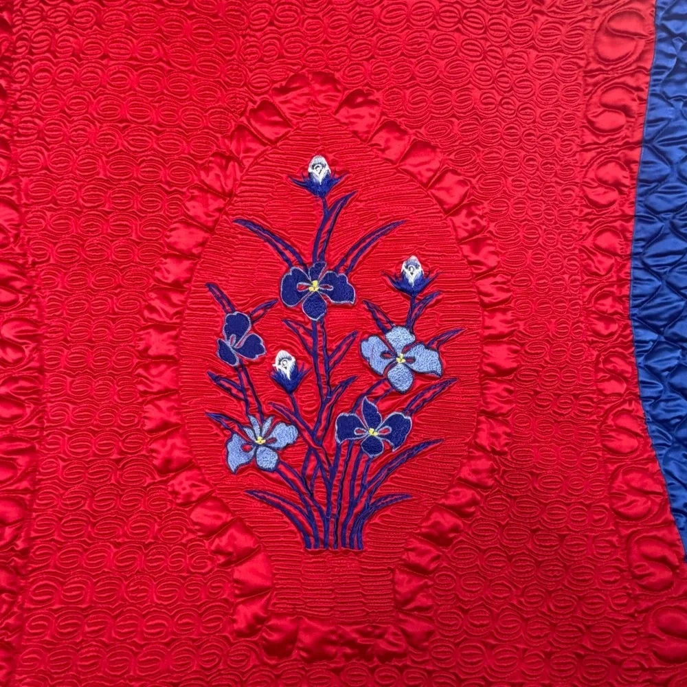 Vintage Asian‎ Quilted Embroidered Duvet Cover Set of 2 Red Blue Floral Boho VTG
